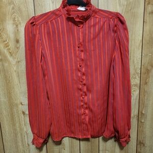 Vintage Cindy Collins Red Striped Blouse  High Neck Jacquard Silky Med
